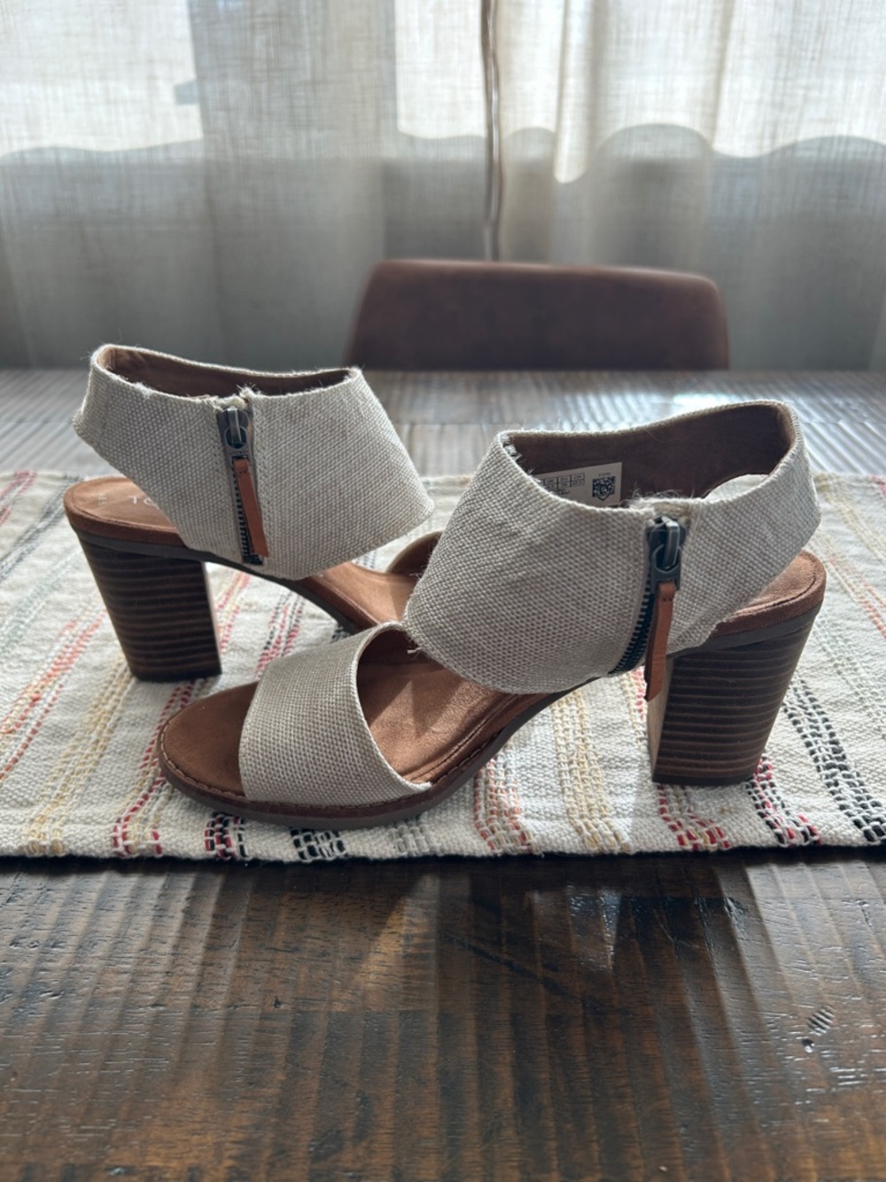 Beige Linen Block Heel Sandals with Side Zip